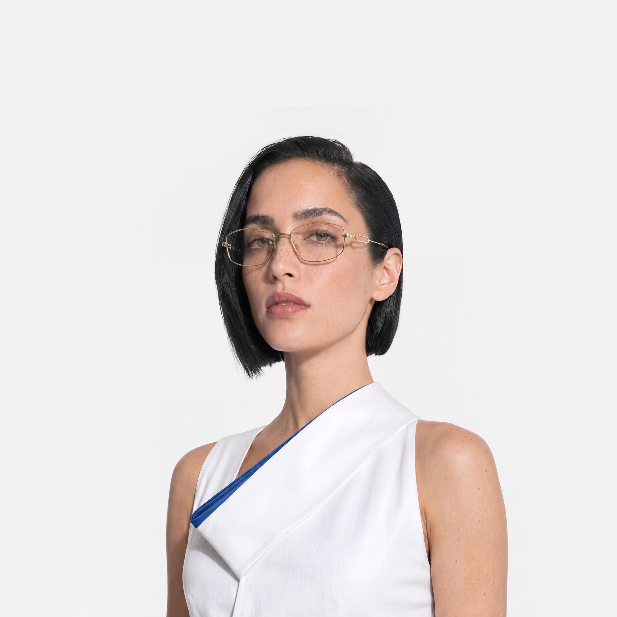 Bladework - Narrow Metal Gold Safety Pin Glasses by Vooglam - Side View On Model