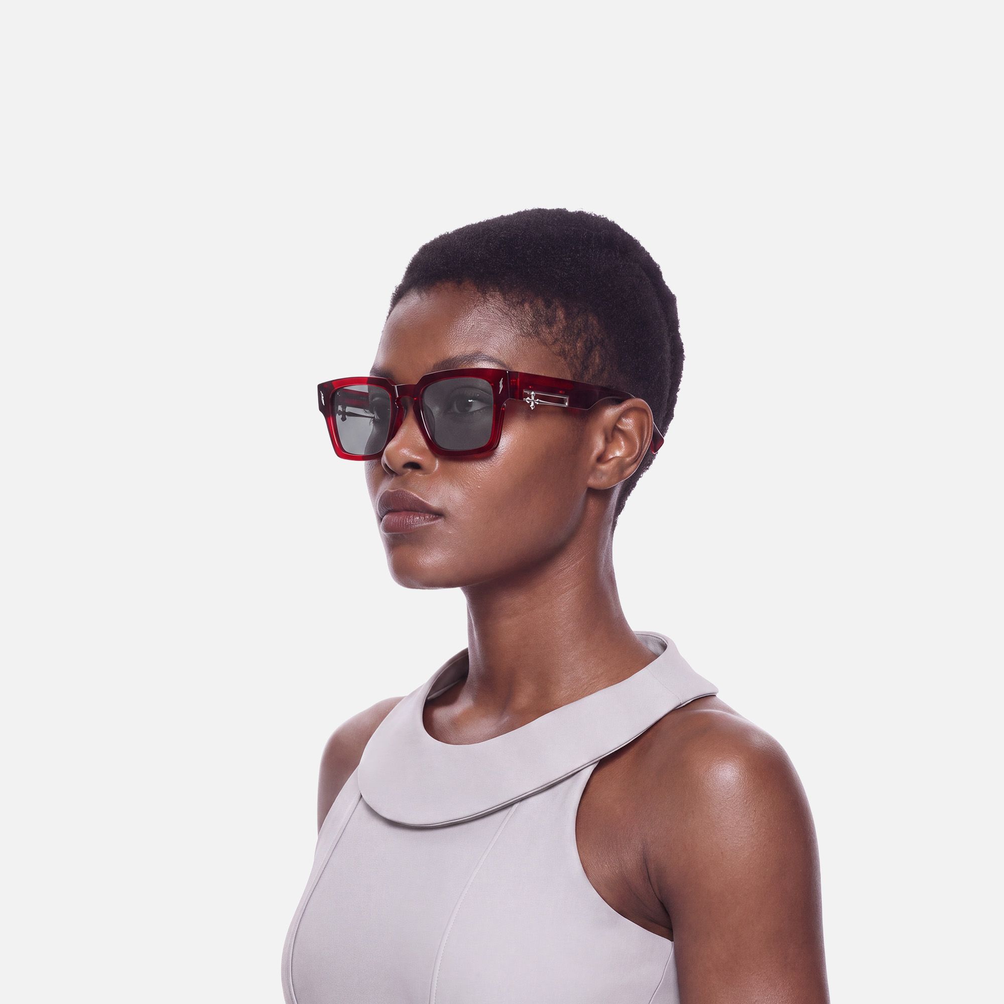 Stiletto - Red Sword Rectangle Sunglasses by Vooglam - Side View On Model