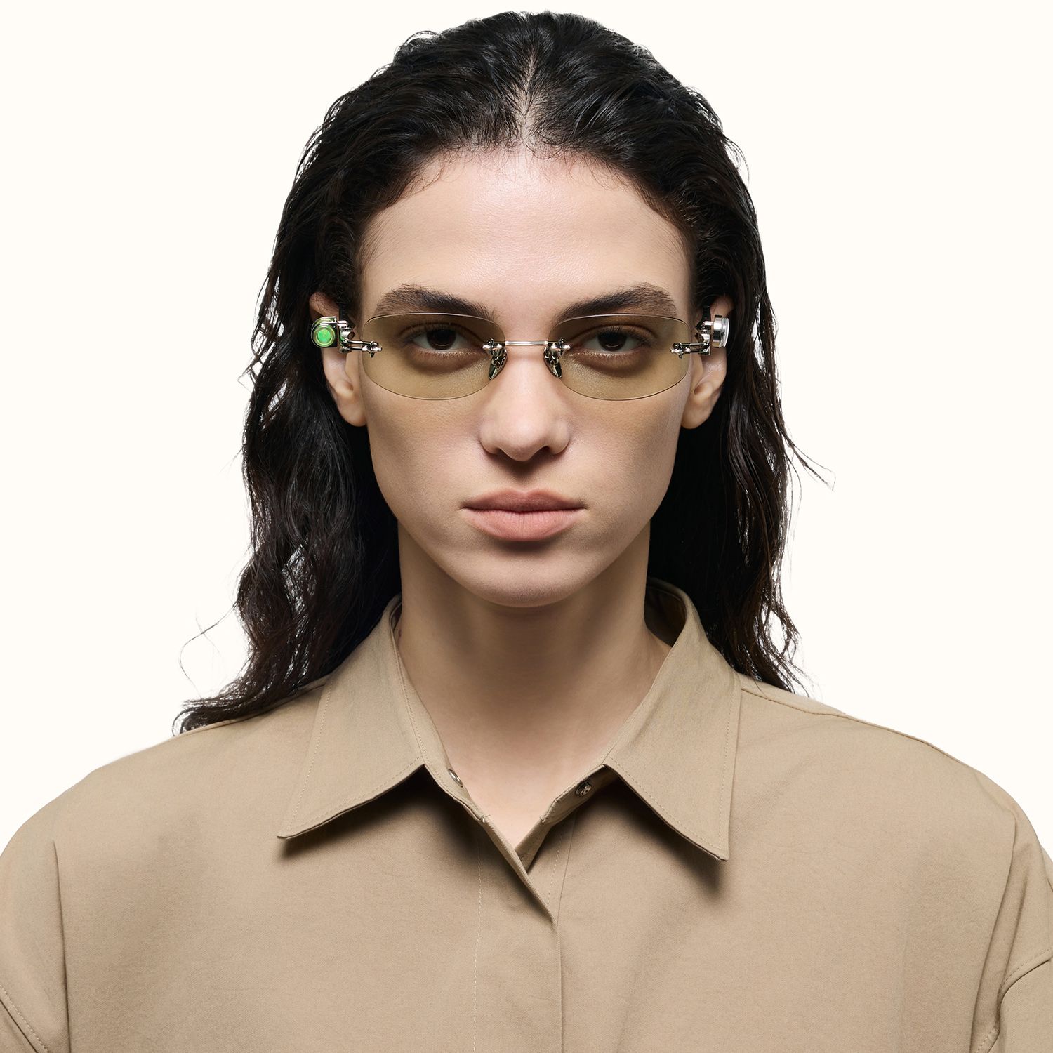 The Utilitarian - Rimless Yellow Tint Sunglasses by Vooglam - On Model