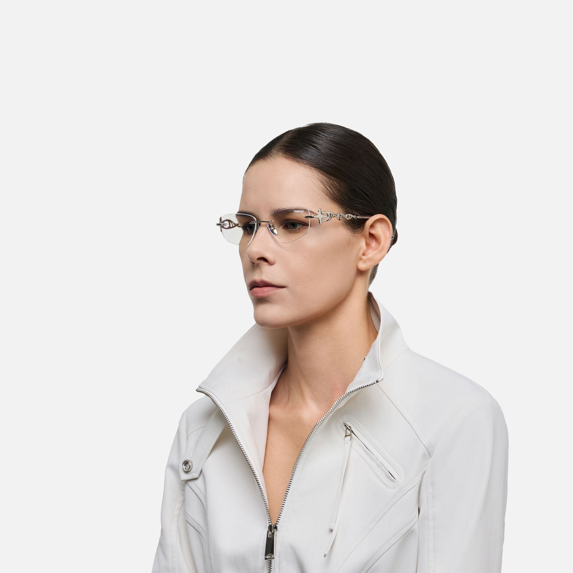 The Decoder - Silver Rimless DNA Glasses by Vooglam - Side View On Model