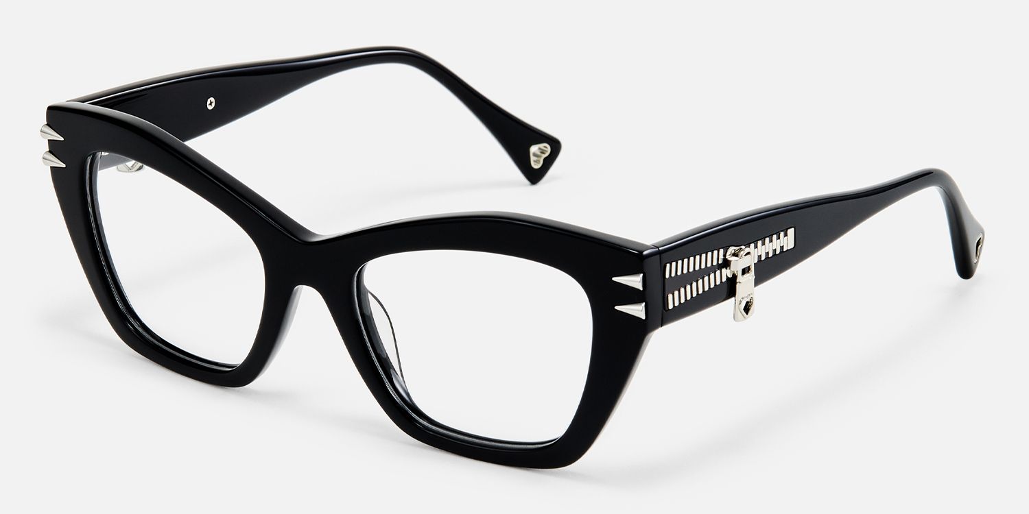 Manon - Zipper Chunky Black Cateye Glasses by Vooglam - Front View