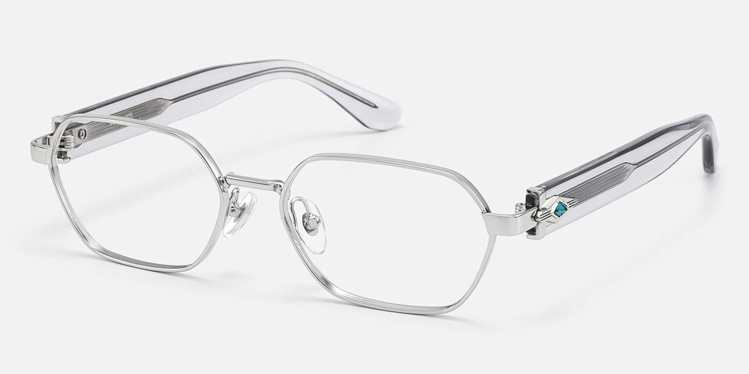 Orion - Silver & Clear Geometric Glasses by Vooglam - Front View