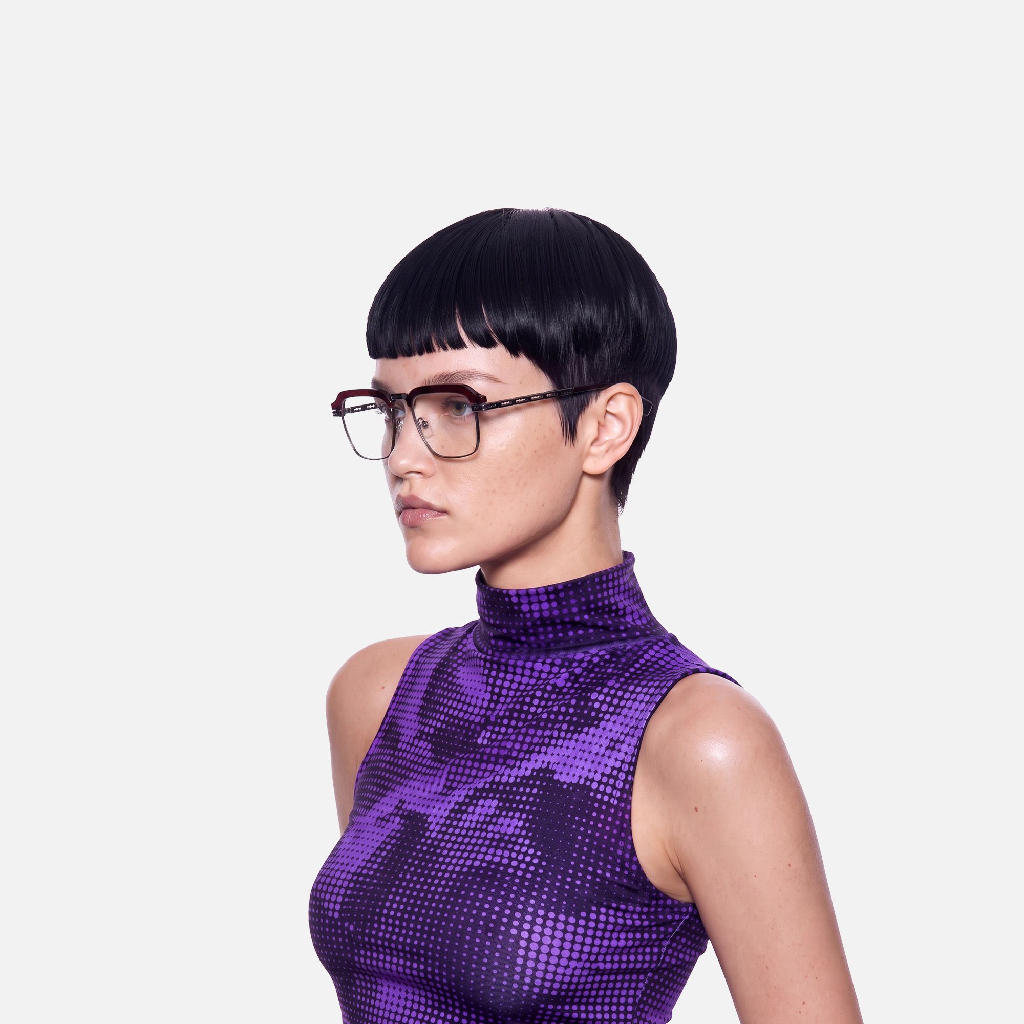 Archive - Red & Gunmetal Razor Blade Glasses by Vooglam - Side View On Model