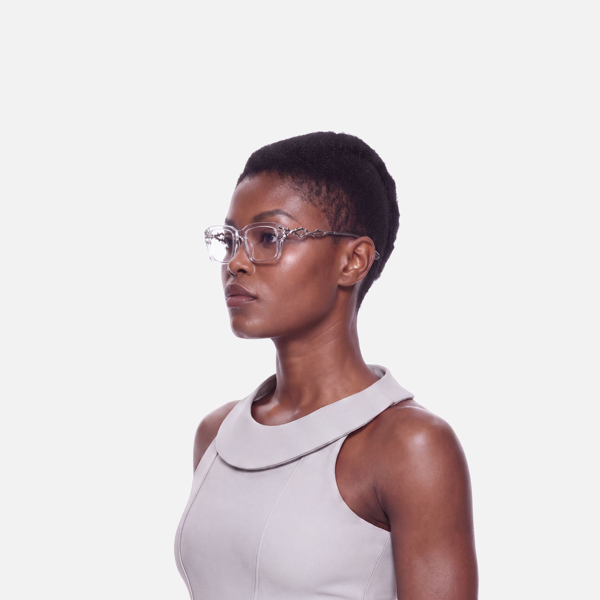 Vorpal - Clear Thorn Rectangle Silver Glasses by Vooglam - Side View On Model