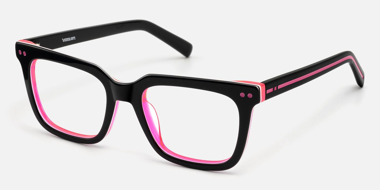 Remix - Black and Pink Neon Rectangle Rave Glasses by Vooglam - Front View