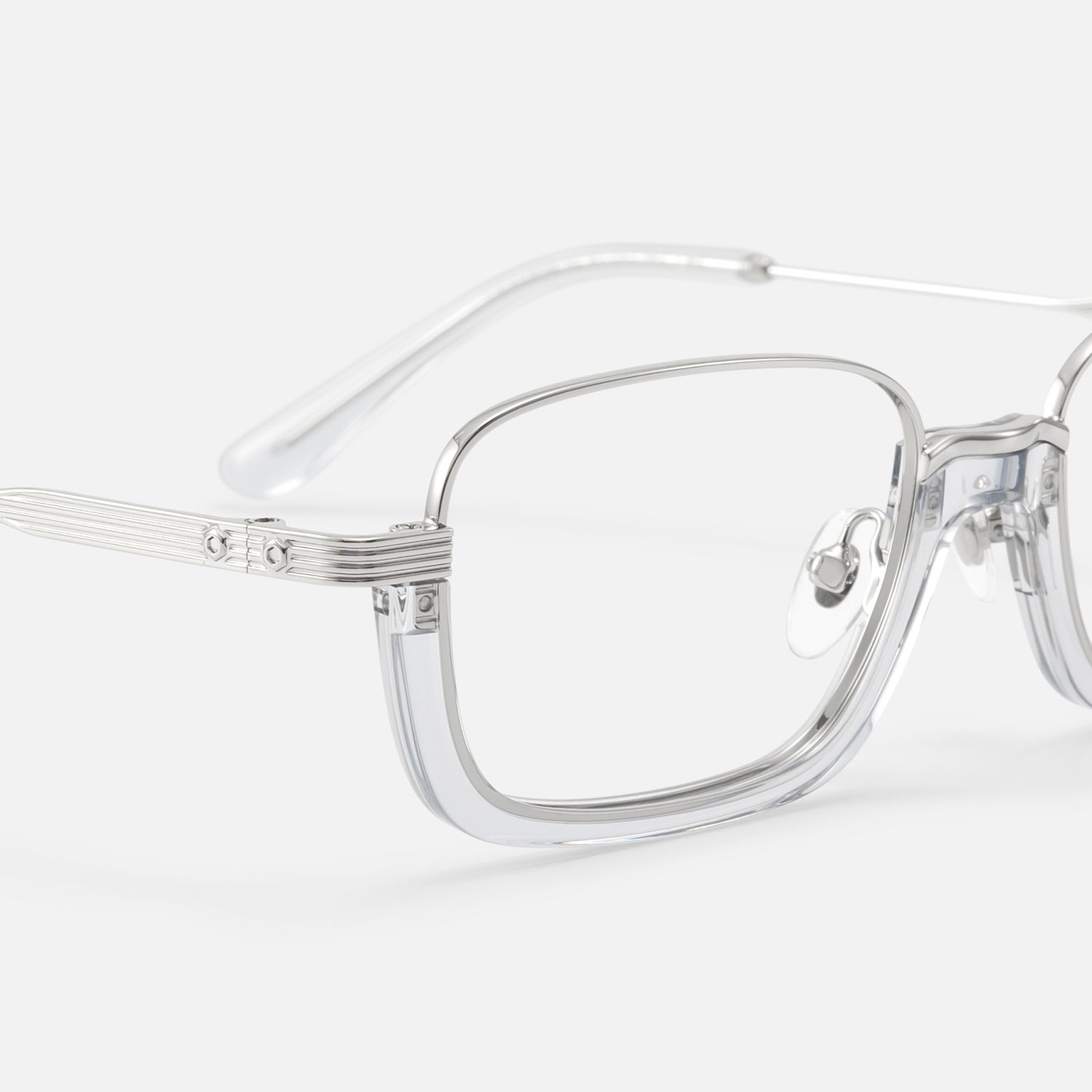 Basel - Translucent Gray Silver Rectangle Glasses by Vooglam - Design Details