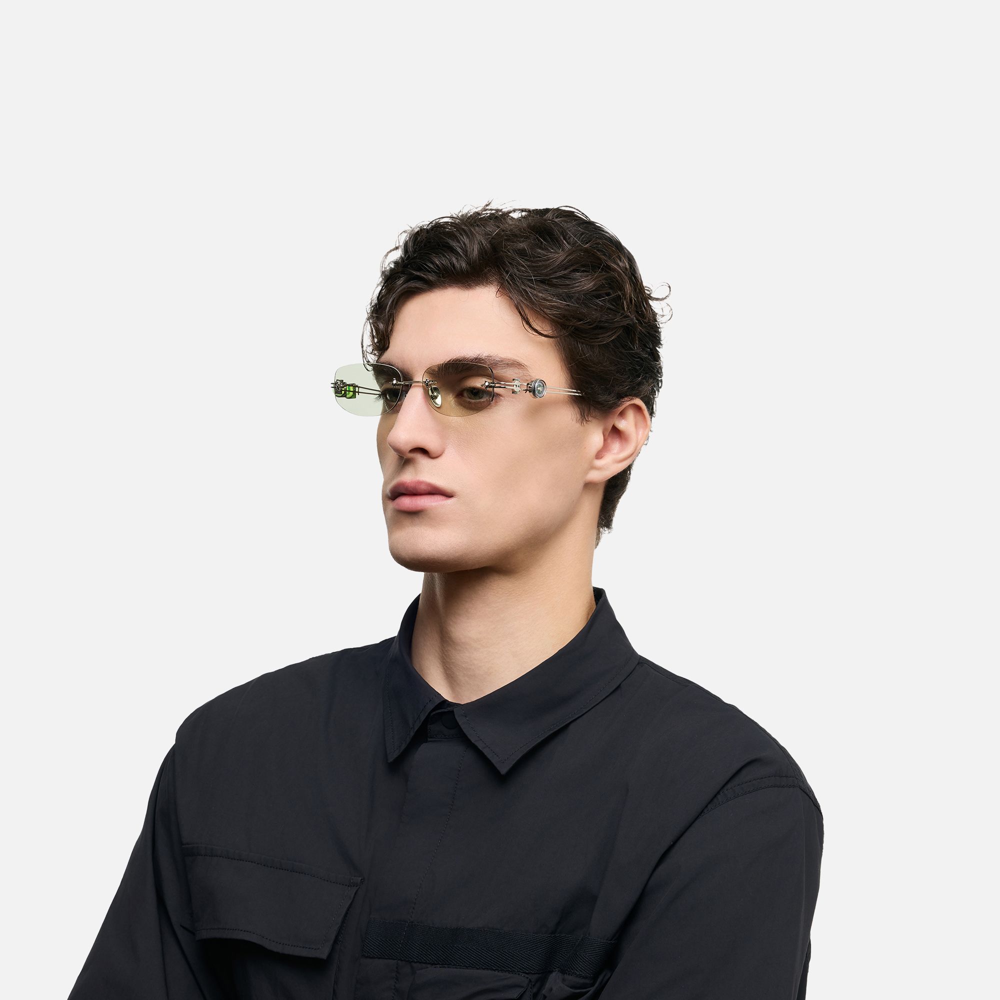 The Utilitarian - Asymmetric Green Tint Sunglasses by Vooglam - Model Side Profile