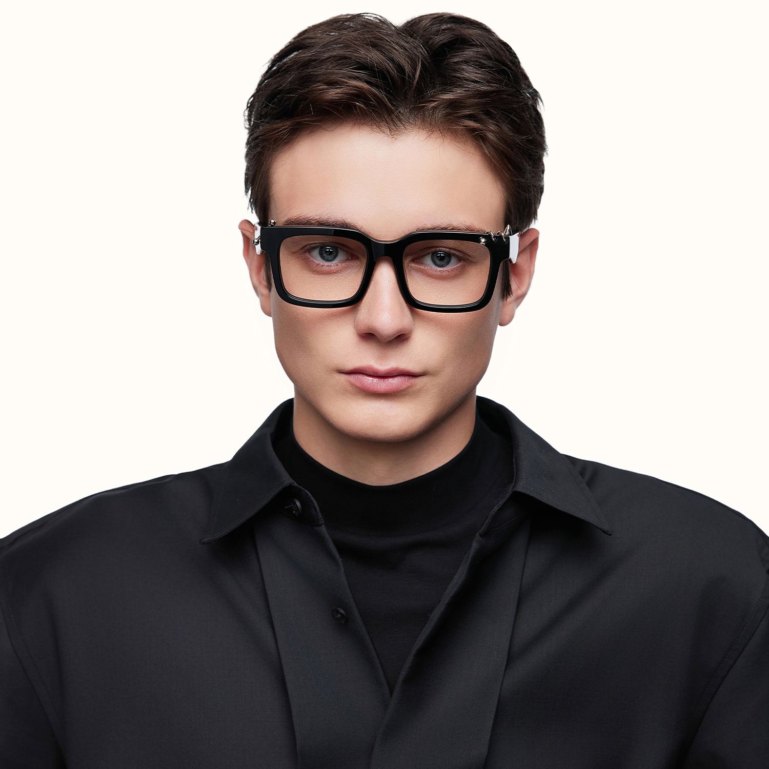 Spike - Pierced Thick Black Rectangle Glasses by Vooglam - Lifestyle Look