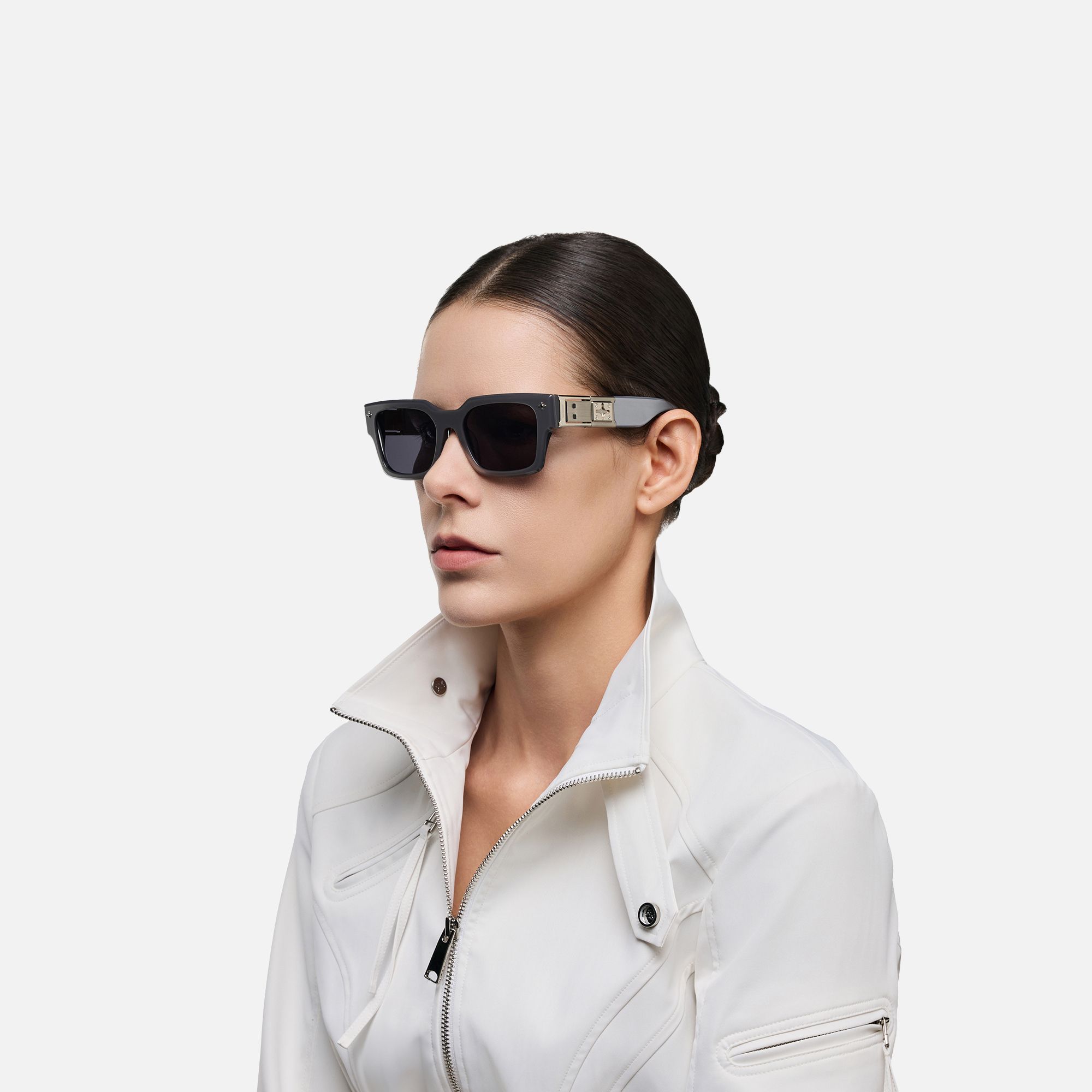 The Programmer - Bold Silver USB Sunglasses by Vooglam - Side View On Model