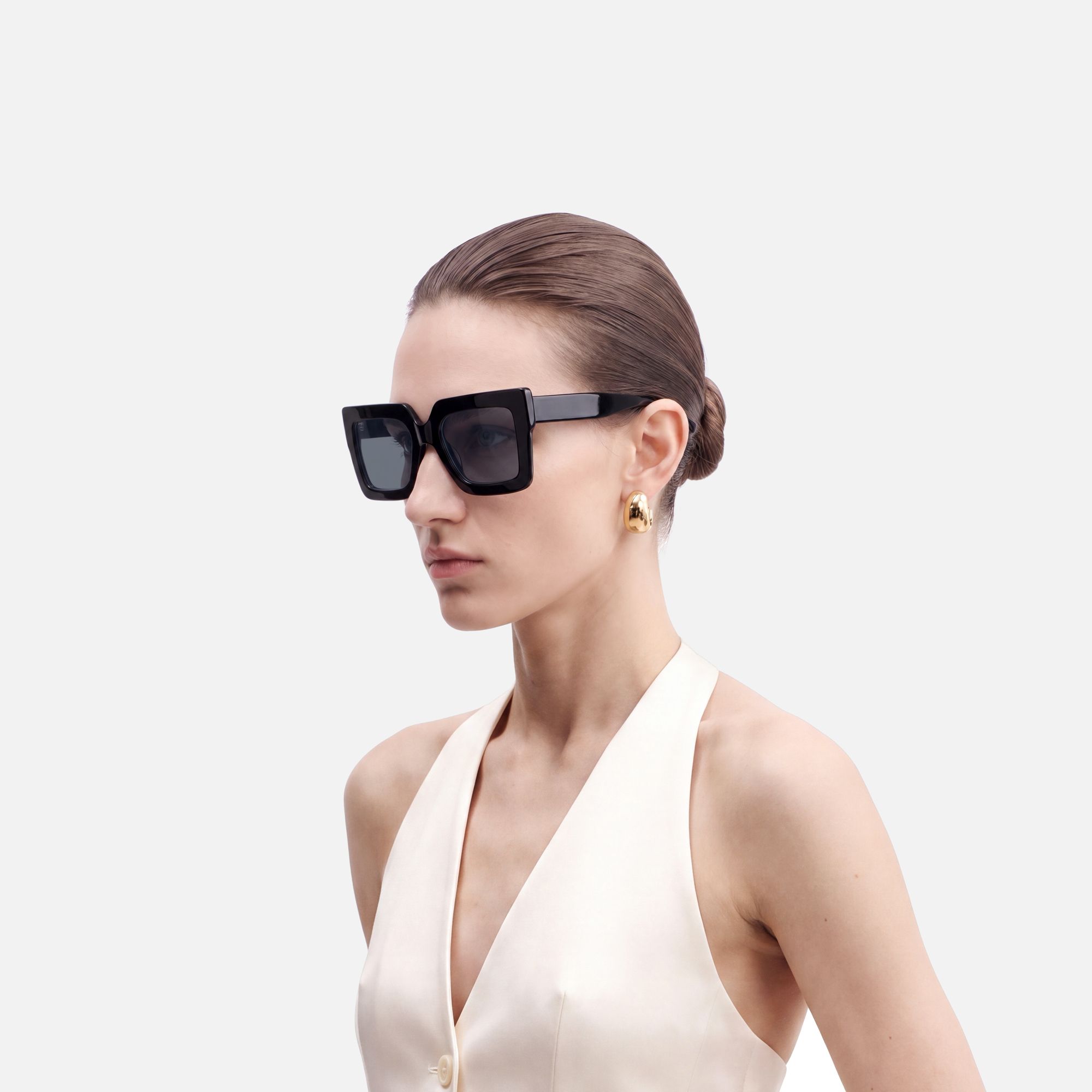 Charisse - Bold Chunky Square Black Sunglasses by Vooglam - Side View On Model