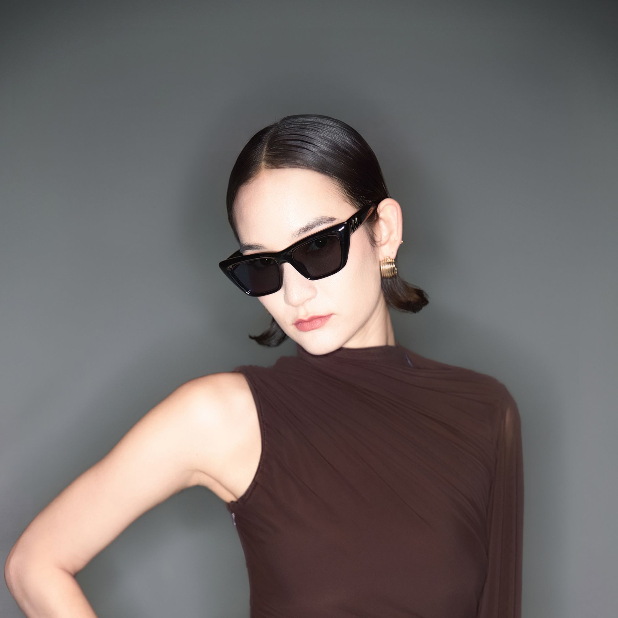 Meguro - Black Inflated Cat-Eye Tinted Sunglasses by Vooglam - On Model