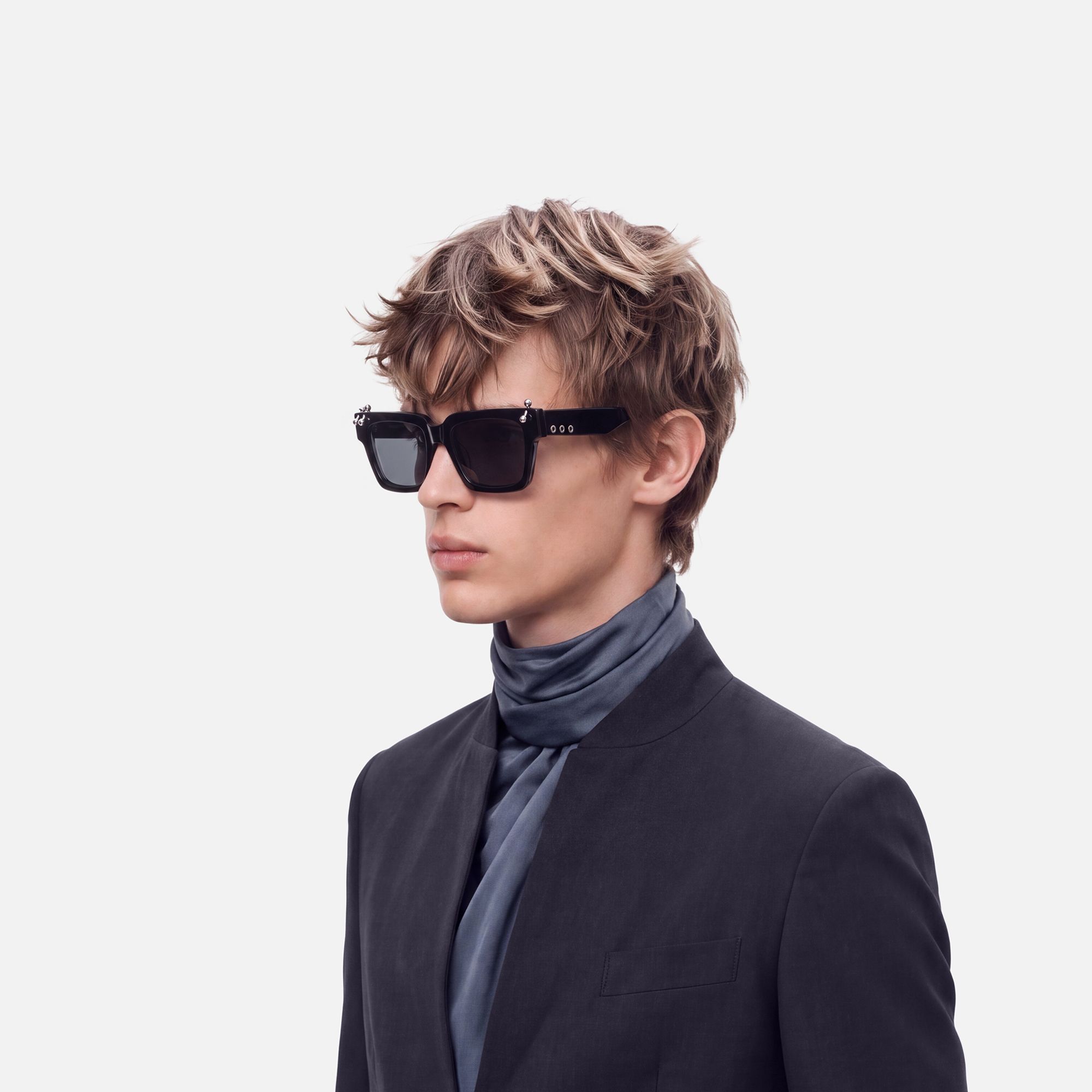 PIERCE - Sleek Square Black Sunglasses by Vooglam - Model Side Profile