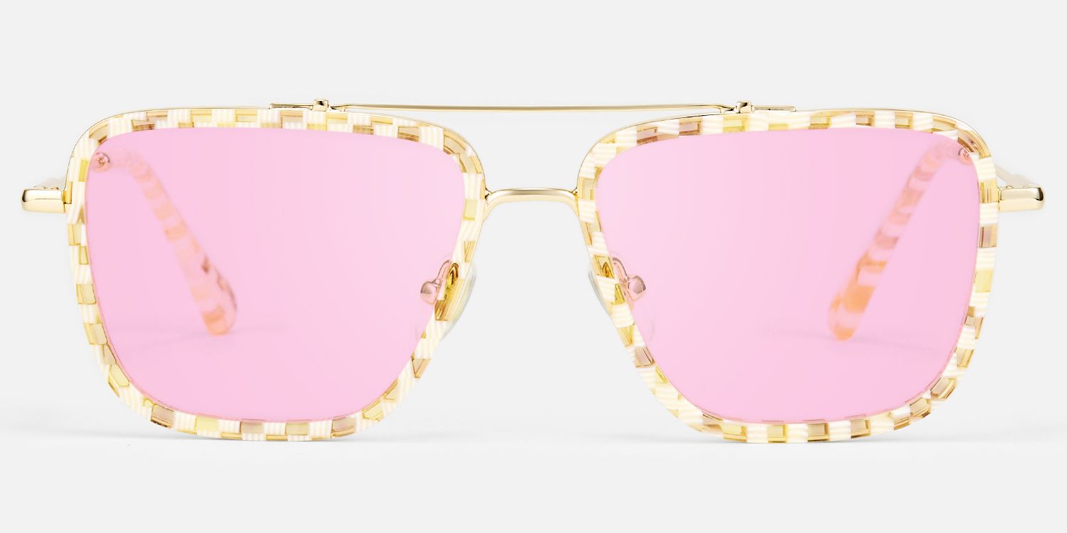 Isla - Yelllow Vintage Aviator Patterned Sunglasses by Vooglam - Angle View