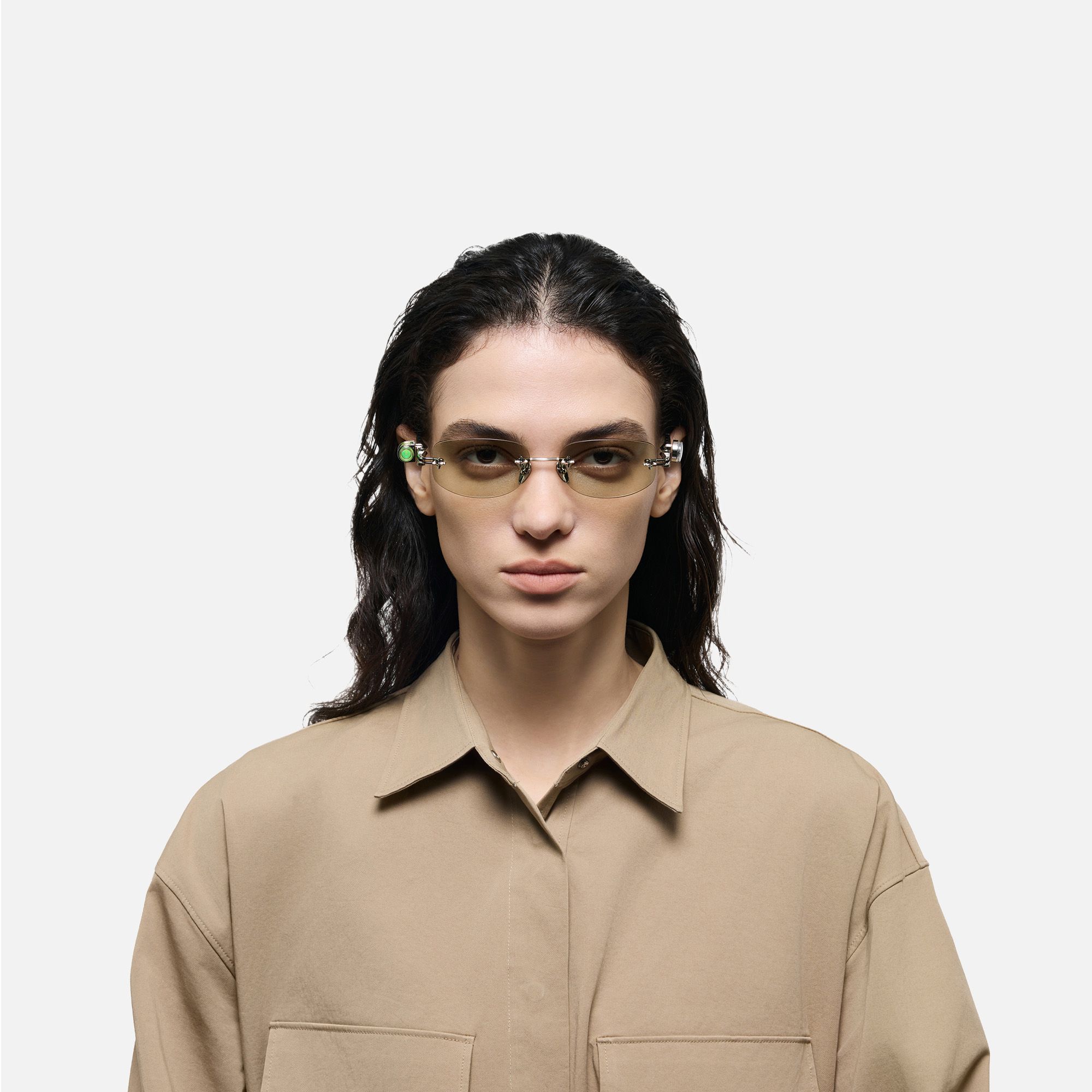 The Utilitarian - Asymmetric Green Tint Sunglasses by Vooglam - On Model