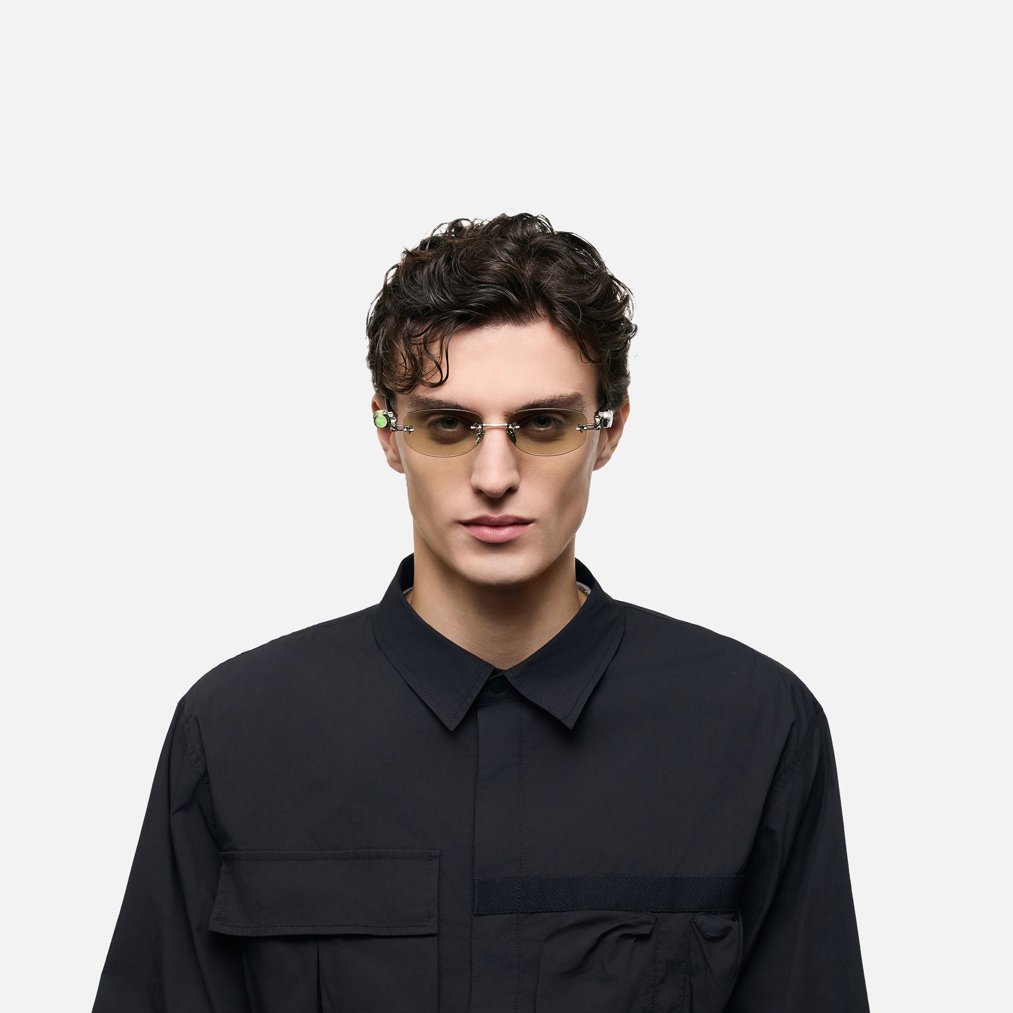 The Utilitarian - Asymmetric Green Tint Sunglasses by Vooglam - Lifestyle Look
