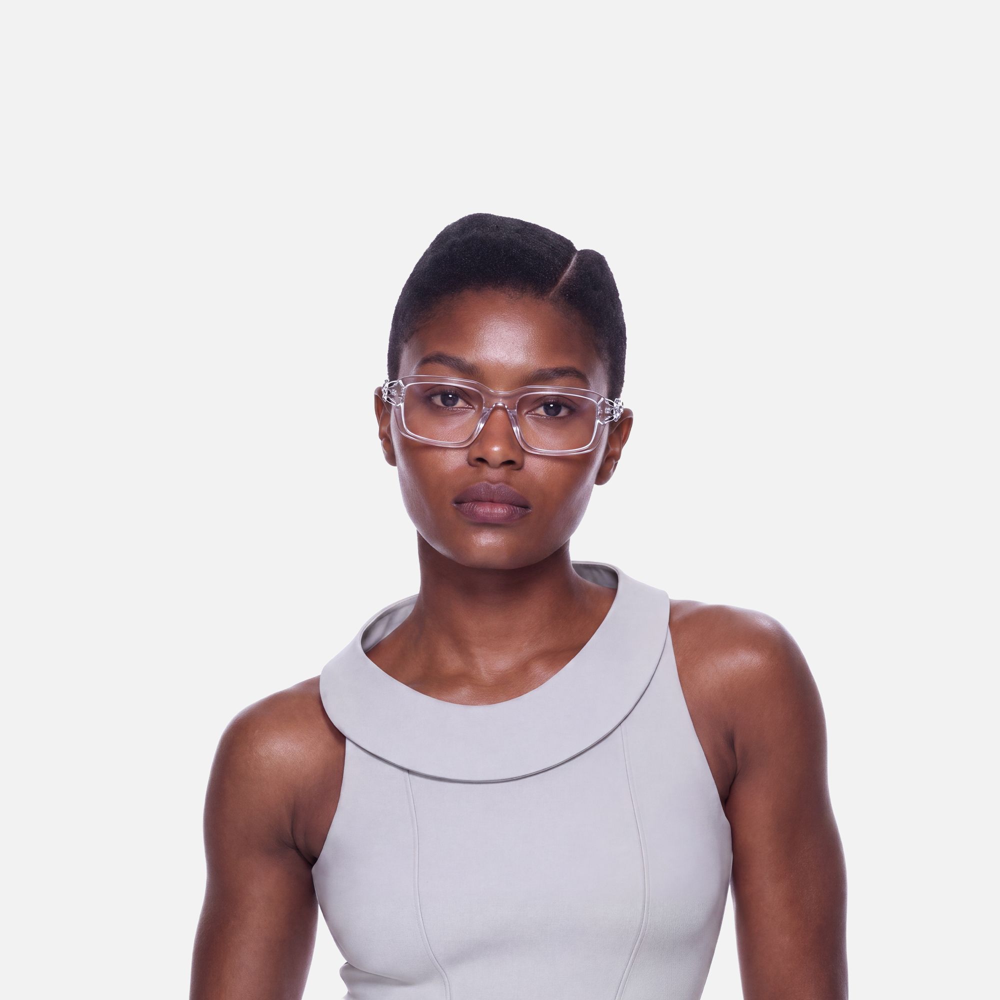 Vorpal - Clear Thorn Rectangle Silver Glasses by Vooglam - On Model