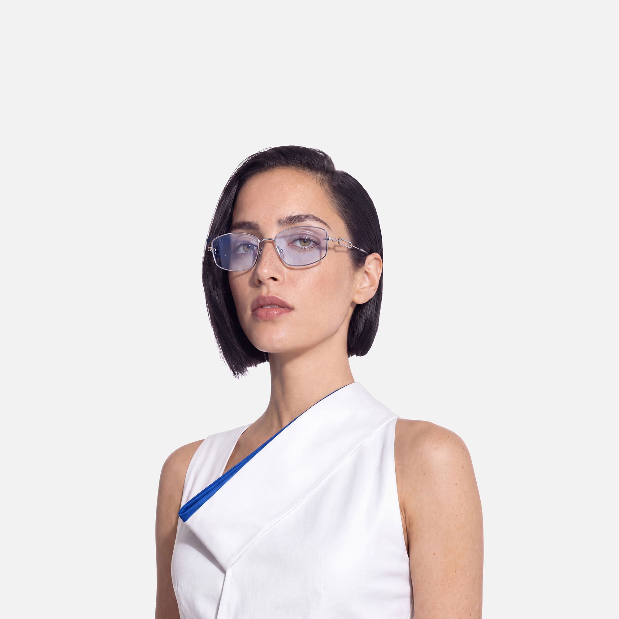 Bladework - Light Blue Tint Narrow Sunglasses by Vooglam - Side View On Model