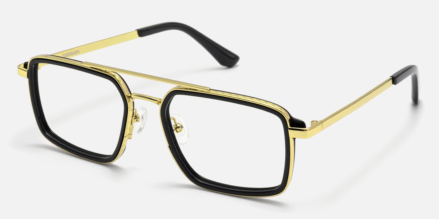 Navigator - Black & Gold Rectangle Aviator Glasses by Vooglam - Front View