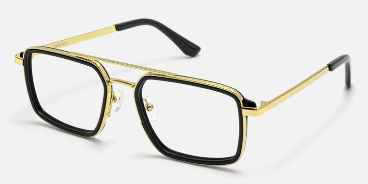 Navigator - Black & Gold Rectangle Aviator Glasses by Vooglam