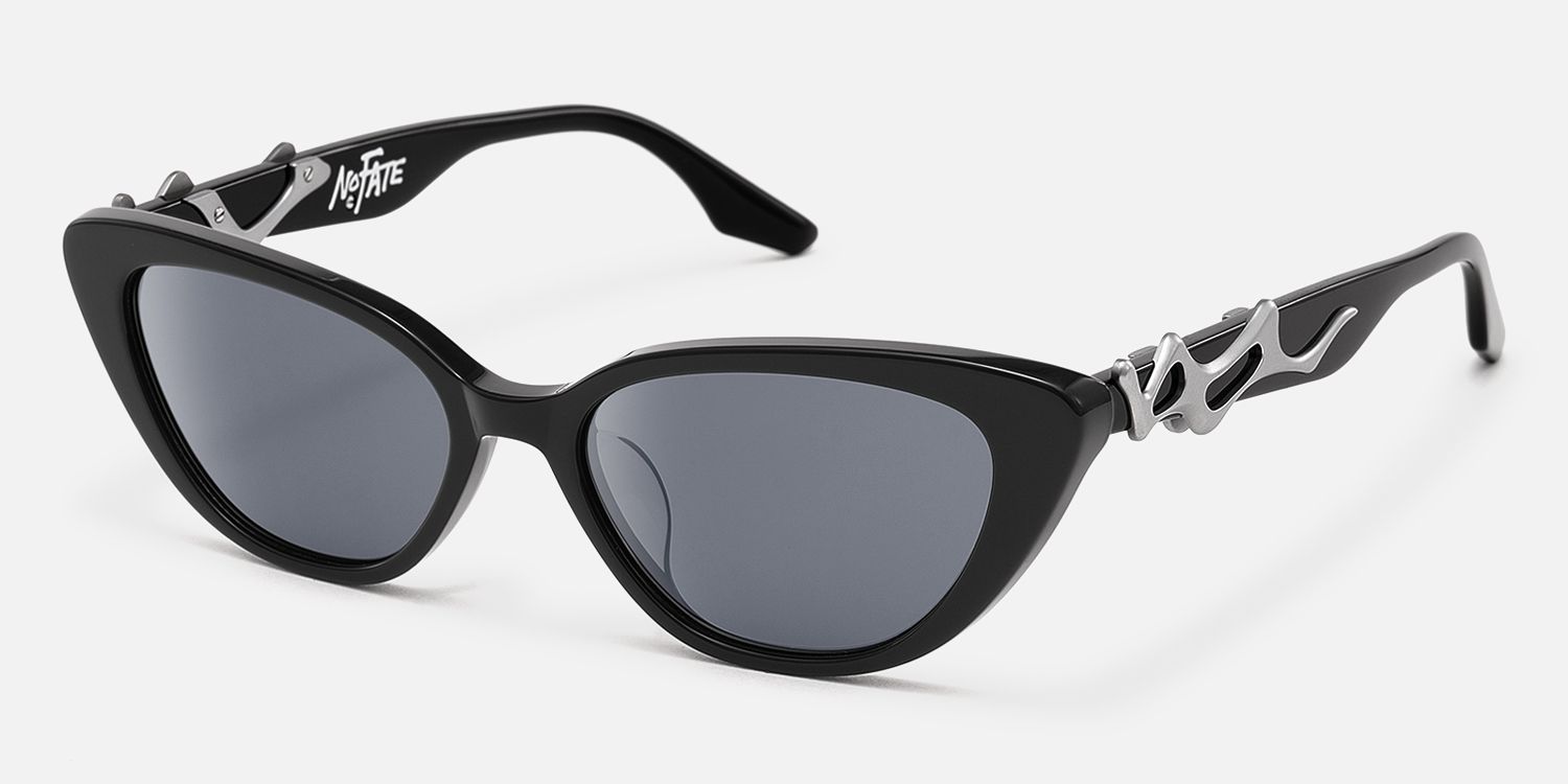 No Fate - Decorative Temple Black Cat Eye Sunglasses by Vooglam - Front View